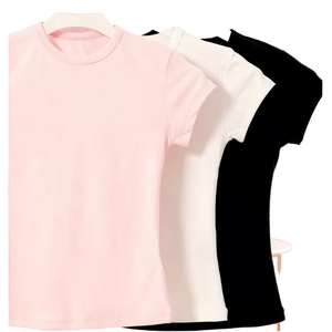 Camiseta de Manga Corta para Mujer, Cuello Redondo, 100% Algodón, Color Sólido, Transpirable, Informal, Tejido de Punto Jersey, Corte Ajustado, Ecológica, Verano - Product Image 2