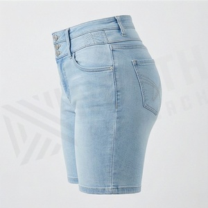 กางเกงยีนส์ขาสั้นผู้หญิง ระบายอากาศได้ดี เป็นมิตรกับสิ่งแวดล้อม ผ้าฝ้าย กระดุมผ่าหน้า เอวสูง ทรงบูตี้ฟิต ลายพิมพ์ลำลอง แฟชั่นทันสมัย - Product Image 3