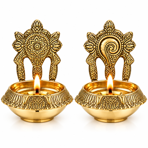 Set of 2 Handcrafted Engraved Brass Diya <b>Lamps</b> Traditional Carved Backrest <b>Oil</b> <b>Lamp</b> Indian Temple Puja <b>Oil</b> <b>Burner</b> Decor - Product Image 1