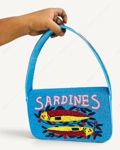 Handcrafted Beaded Sardines Shoulder <b>Bag</b> <b>Blue</b> Fish Motif Novelty Seafood Themed Handbag Women Wholesale OEM Private Label - Product Image 2