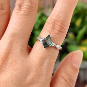 Handmade Kite Shaped <b>Moss</b> <b>Agate</b> CZ <b>Ring</b> Solid Sterling Silver Platinum Rhodium Plated Vintage Green Engagement Wedding Trendy - Product Image 3