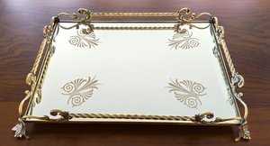 Rectangular Gold Plated <b>Mirror</b> <b>Tray</b> With Ornate Scroll Design Classic Style For Table Use - Product Image 2