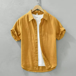เสื้อเชิ้ตผ้าลินินขายส่ง คุณภาพสูง ทรงพอดีตัว ใส่ได้ในฤดูร้อน ปกคอปกเสื้อแบบพับได้ เสื้อเชิ้ตผู้ชายแขนสั้น - Product Image 4