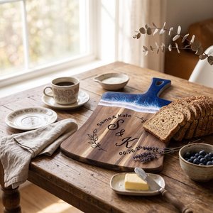 Planche à découper en bois d'acacia écologique, rectangulaire, avec poignée, design vague bleue, antidérapante, passe au lave-vaisselle, pour la cuisine et le service - Product Image 5