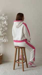 <b>Women</b> Color Block Hooded Zip Up Tracksuit Set Pink White Loose Fit Sweatshirt <b>Sweatpants</b> Two Piece - Product Image 3
