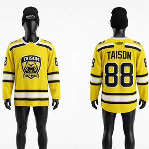Maillot de hockey sur glace pour homme, polyester premium 220 GSM, maille respirante, design à panneaux gris, bleu et jaune, logo personnalisé par sublimation - Product Image 3