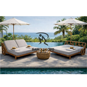 Chaise longue d'extérieur en bois avec dossier séparé et fonction d'inclinaison, coussin gris, style tropical, mobilier de bord de piscine - Product Image 4