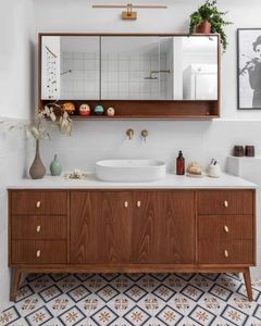 Mueble de Baño de Madera de Teca, Moderno, Estilo Mediados de Siglo, Mueble de Madera Sólida con Lavabo para Baño - Product Image 1