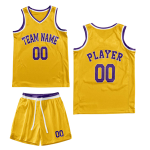 Conjunto de Uniforme de Baloncesto Retro Personalizado en Amarillo, Jersey con Cuello Blanco y Morado, Pantalones Cortos, Nombre y Número del Equipo, Estilo Clásico - Product Image 2
