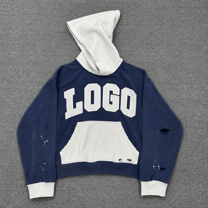 Men Blue Oversized Zip Up <b>Hoodie</b> Distressed Washed <b>Yellow</b> Gothic Letter Print Streetwear Y2K Sweatshirt - Product Image 6