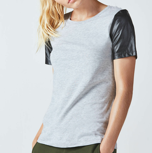Custom Genuine Leather Crew Neck Breathable Eco-Friendly Quick Dry Womens Short Sleeve Leather Sleeve T-Shirt For Girls Hot Sale - Product Image 1
