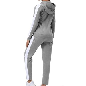 Conjunto de Sudadera con Capucha Gris Unisex 100% Algodón con Franja Lateral Blanca, Chándal Deportivo Vintage de Manga Larga, Ajuste Holgado, Parches con Cinturón, OEM - Product Image 3