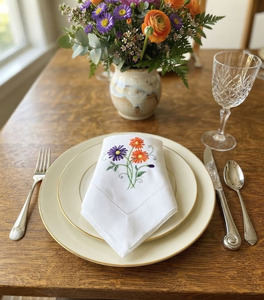 Serviette en tissu personnalisée brodée de fleurs de marguerite colorées serviette de table en lin blanc ourlet serviettes de table maison hôtel cadeaux de mariage - Product Image 3