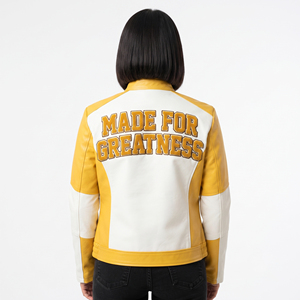 Blousons universitaires en cuir véritable pour femmes, col montant, broderie chenille, blouson motard en cuir, blousons en cuir véritable pour femmes - Product Image 2