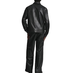 Conjunto de Chaqueta y Pantalones de Cuero Negro para Hombre, Manga Larga, Cierre de Cremallera, Cuello Camisero, Ropa Casual de Invierno, Color Sólido, Corte Regular - Product Image 4