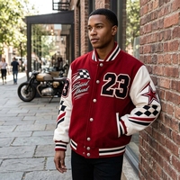 Blouson Bomber Homme Personnalisé Rouge et Blanc Brodé Motif Course Vêtement d'extérieur Streetwear Tendance