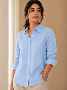 Camisa de Lino/Algodón para Hombre, Primavera, Lisa, Tejida, Cuello Clásico, Abotonada, Manga Larga, Blusa Informal para Uso Diario, 140g - Product Image 1