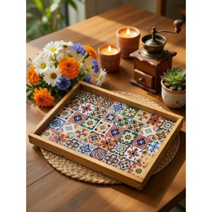 Plateau de service en mosaïque de bois recyclé artisanal, vente en gros |   Moradabad - Product Image 1