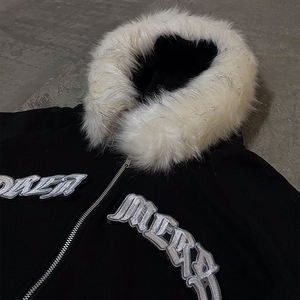 Veste bomber décontractée pour homme, col en fourrure noire, fermeture éclair, streetwear tendance, broderie graphique, vêtements en gros - Product Image 2