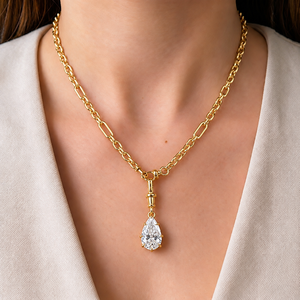 Collar de Oro de 14K con Diamante de Laboratorio VVS en Forma de Lágrima, Cadena de Eslabones Tipo Paperclip, Colgante Personalizado con Clip y Soporte para Colgante - Product Image 1