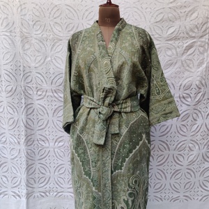 Western Style Handwoven Paisley Design Woolen Fabric Kimono With Belt <b>Tie</b> Waist Dressing Gown, Relax Sleepwear Women Kimono - Product Image 2