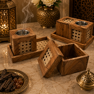 Ensemble brûleur à bakhoor moderne en rotin et bois avec coupelle métallique, boîte de rangement carrée pour oud et plateau, Mabkhara arabe pour la décoration du Ramadan et de l'Aïd - Product Image 1