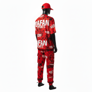 เสื้อยืดเจอร์ซีย์ผ้าฝ้ายผสมโพลีเอสเตอร์พรีเมียมสำหรับผู้ชาย ชุด 2 ชิ้น 180 GSM ระบายอากาศได้ดี สีแดง พิมพ์ลายทั่วตัว โลโก้สั่งทำ ชุด 2 ชิ้น สำหรับผู้ชาย - Product Image 5