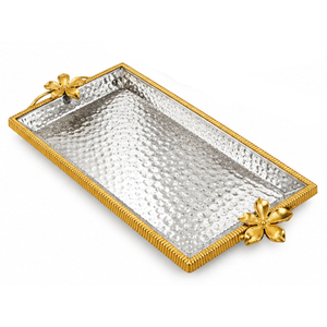 Elegant Hammered Stainless Steel <b>Decorative</b> Tray With <b>Gold</b> Floral Handles Metal Serving Platter For <b>Living</b> <b>Room</b> Coffee Table - Product Image 1