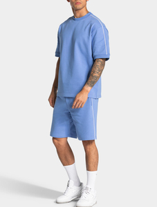 Pantalones Cortos Deportivos para Hombre al por Mayor, Color Azul Azur con Líneas en Contraste, Felpa de Algodón Grueso, Transpirables, con Logotipo Personalizado, OEM y ODM - Product Image 4