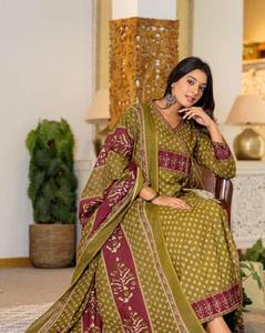 Traje Salwar Kameez de Algodón para Mujer, Estilo Anarkali, Estampado Ajrakh, Tradicional, Largo hasta el Tobillo, Ropa Casual, Estilo India Pakistán - Product Image 1