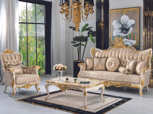 Fauteuil de salon au design antique européen avec tissu damassé capitonné de qualité supérieure et finition or noir ornée - Product Image 4