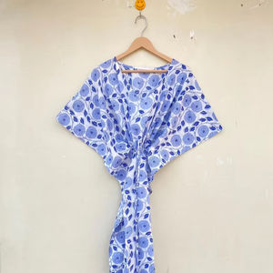 Vestido Kaftán Indio 100% Algodón con Cuello en V, Estilo Boho, Hecho a Mano con Estampado de Bloques, Mangas Murciélago, Cintura Natural, Corte Acampanado para Verano - Product Image 1