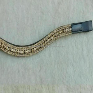 Banda de cejas de caballo de cuero genuino ecuestre de moda de lujo decorada con cristales dorados de 5 filas de diamantes de imitación banda de cejas mega Bling - Product Image 1