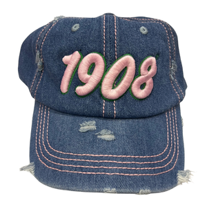 หมวกเดนิมสีกลางปี 1908 ปักลายตัวอักษรสีชมพู หมวกเบสบอลแบบปรับได้ หมวกเดนิมฟอกสี สไตล์ลำลองแฟชั่น - Product Image 1