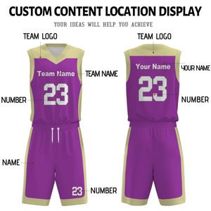 Ensemble de maillot de basket-ball personnalisé violet et or, col en V, sans manches, impression sublimée, polyester à séchage rapide, uniforme unisexe adulte, toutes saisons - Product Image 4