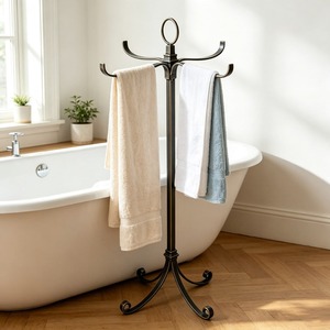 Traditional Golden <b>Standing</b> Towel Rack <b>With</b> Double Rings For Bathroom Use Decorative Black Metal Floor <b>Standing</b> Towel Rack - Product Image 4