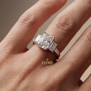 Luxury Radiant Cut Lab Grown Diamond Three Stone Engagement Wedding <b>Ring</b> with Baguette Side Diamonds in 925 <b>Silver</b> - Product Image 5