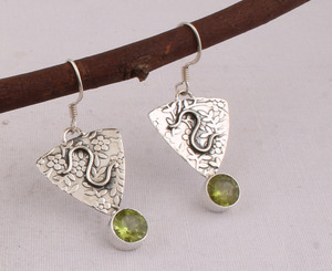 Natural Green Peridot Leaf <b>Earrings</b> in 925 <b>Silver</b> - Antique Finish Boho Foliage <b>Dangle</b> <b>Earrings</b> - Wholesale Artisan Jewelry - Product Image 1