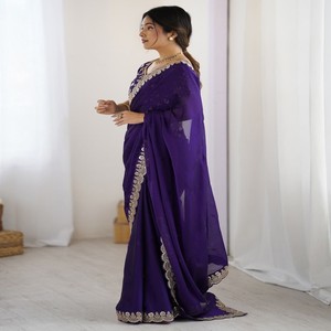 VASTRA COTTAGE Tela Rangoli Morada Bordada para Fiesta con Encaje en el Borde y Blusa Banglori a Juego Sin Coser para Saree - Product Image 5