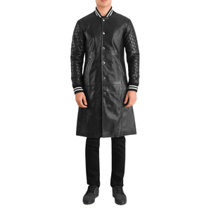 Abrigo de cuero genuino negro para hombre, largo hasta la rodilla, con cuello alto, manga acolchada y botonadura sencilla. - Product Image 1