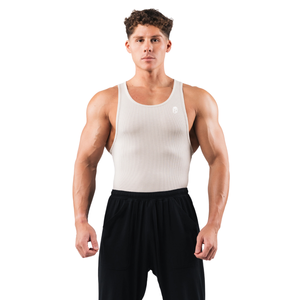 Camiseta sin mangas acanalada para hombre, ajustada, para gimnasio, culturismo, entrenamiento, color crema, elástica, ropa deportiva - Product Image 1