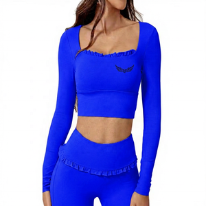 Women's Pink <b>Square</b> <b>Neck</b> <b>Long</b> <b>Sleeve</b> Crop <b>Top</b> With Ruffles And Embroidery Logo Yoga Fitness Wear - Product Image 3