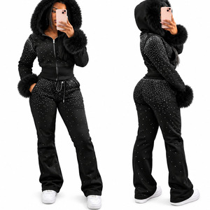 High Quality Women Faux Fur Trim Cropped Zip Hoodie Flare Pants 2 Piece Set <b>Y2K</b> Winter Athleisure <b>Tracksuit</b> - Product Image 2