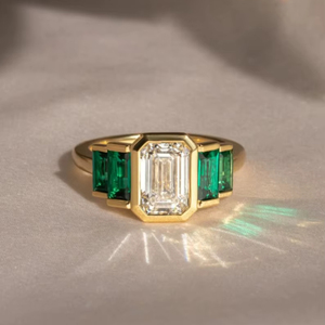 Moissanite 2CT White <b>Emerald</b> Cut And Green <b>Emerald</b> 5 Stone <b>Ring</b> Original 925 <b>Silver</b> With Gold Plated Fine Romantic Style Gift - Product Image 1