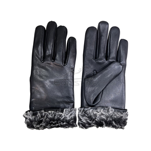 Black Leather <b>Gloves</b> With Faux Fur Lining Premium Sheepskin Outdoor Use Plain Style Wrist Length Classic Plain Winter <b>Gloves</b> - Product Image 1