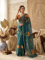 Sari en soie à imprimé floral de qualité supérieure avec bordure Cutdana richement ornée, sari élégant à imprimé floral numérique avec bordure Moti Work, idéal pour les fêtes