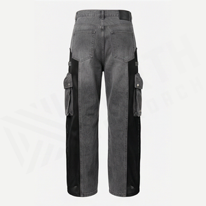 Pantalon cargo en jean taille haute pour homme, coupe ample, délavé gris et noir, style utilitaire patchwork, en coton pour l'automne - Product Image 2