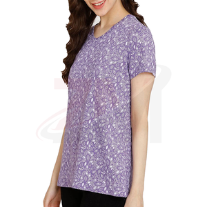 Camiseta de Manga Corta con Cuello en V y Estampado de Patrones en Blanco y Morado para Mujer, Ajuste Holgado, Tejido Transpirable, Informal, para Primavera y Verano - Product Image 3