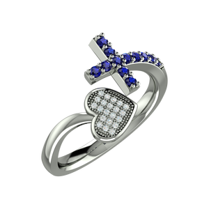 925 Sterling Silver Rhodium Plated Open Cross Heart <b>Ring</b> with Blue & White Cubic Zirconia | <b>Adjustable</b> Christian Jewelry - Product Image 1