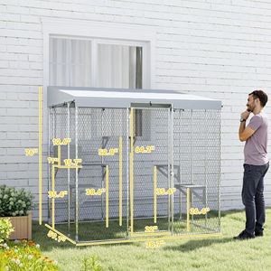 Gabbia per Gatti da Esterno in Acciaio Zincato da 79 Pollici con Tettoia Impermeabile, Cuccia e Piattaforme per Saltare, per 1-3 Gattini, Colore Argento - Product Image 3